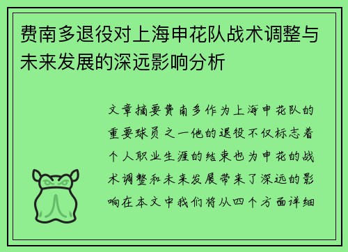 费南多退役对上海申花队战术调整与未来发展的深远影响分析