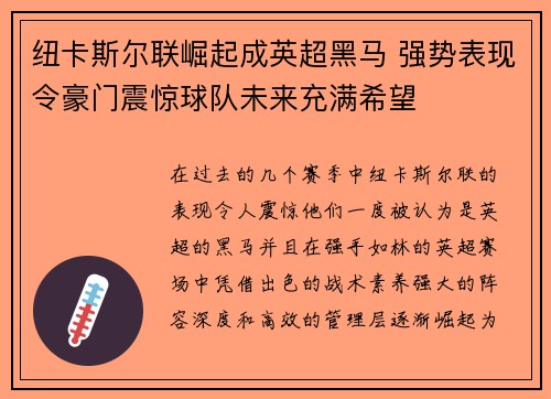 纽卡斯尔联崛起成英超黑马 强势表现令豪门震惊球队未来充满希望