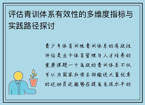 评估青训体系有效性的多维度指标与实践路径探讨