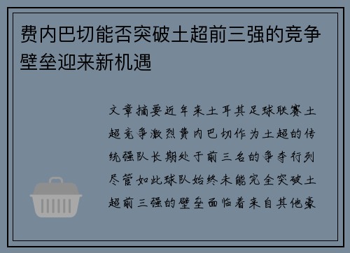 费内巴切能否突破土超前三强的竞争壁垒迎来新机遇