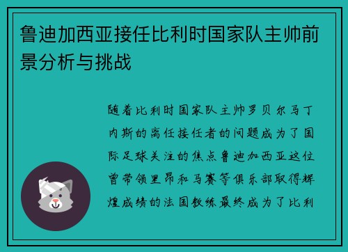 鲁迪加西亚接任比利时国家队主帅前景分析与挑战